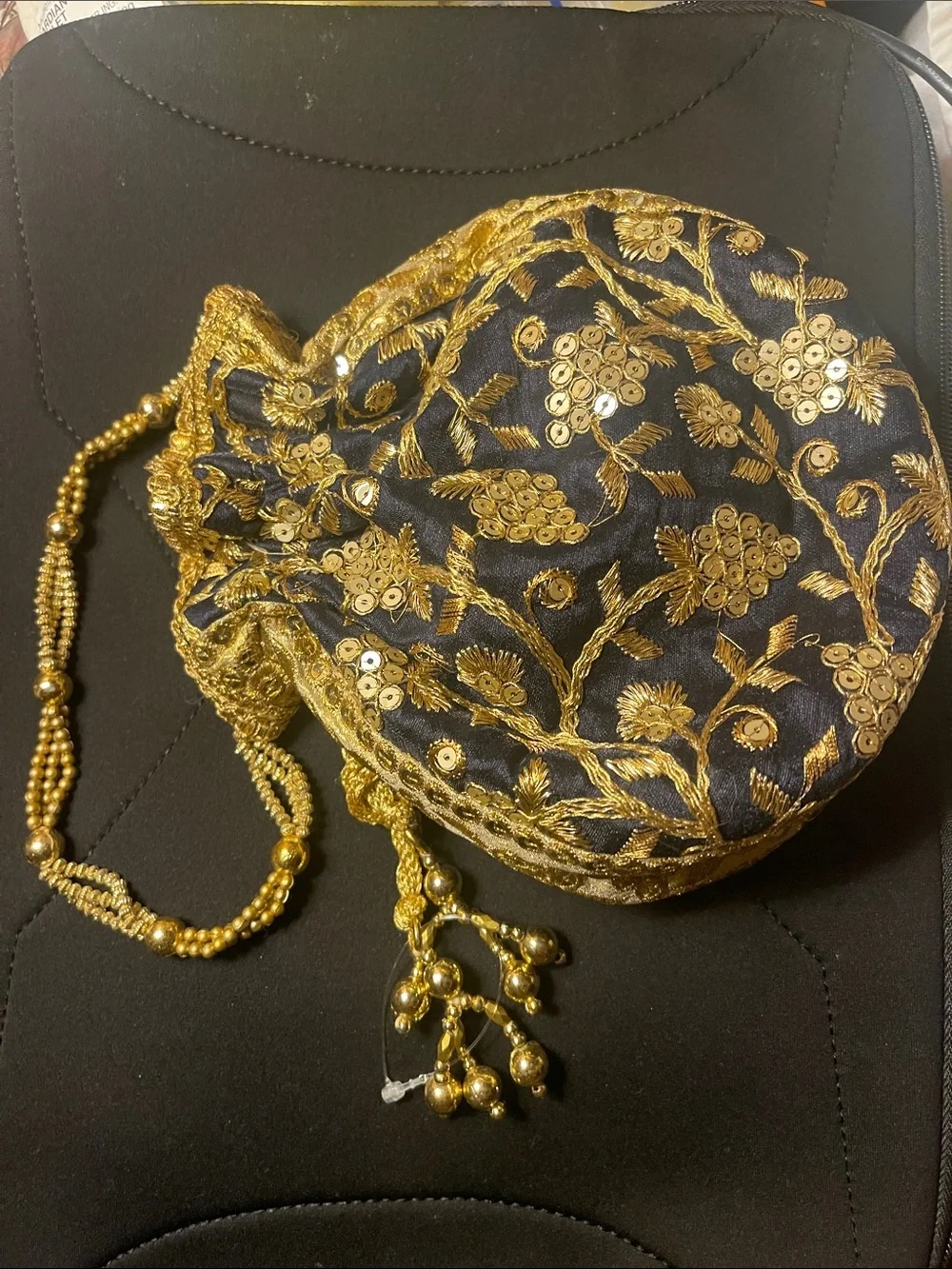 Embroidered Navy and Gold Drawstring Potli Bag
